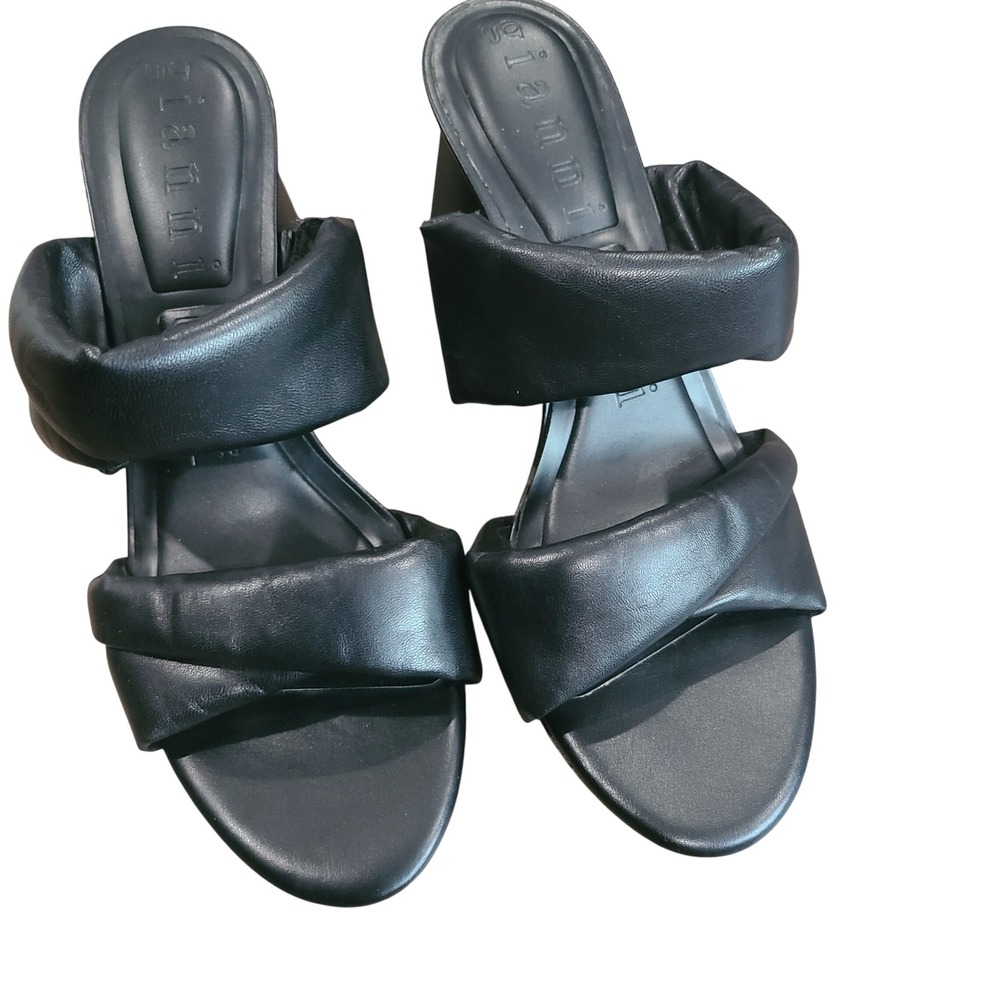 Gianni Bini Lorri Black Leather Puffed Block Heel Mule Sandals Womens Size 10M